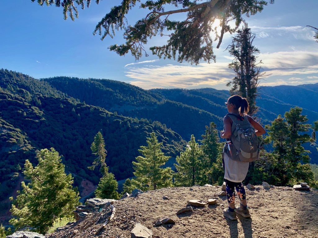 Jasmine looking out from the side of a mountain